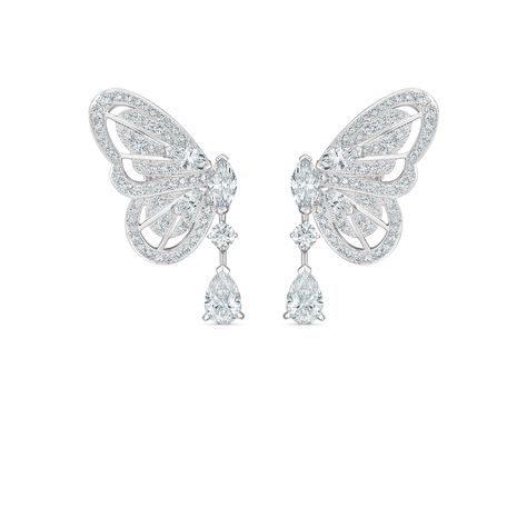 This playful pair of Butterfly earrings is inspired by the butterfly’s transformative nature and the way light reflects on its iridescent wings. Offering versatility to the wearer, the earrings are designed to be worn with or without each ~0.50 carat pear-shaped diamond drop. With a total carat weight of ~3.46 carats and set in 18K white gold, the beauty and intricacy of the butterfly wings are highlighted and enhanced by the natural brilliance of each diamond. Shein Lookbook, Character Closet, Heart Drawings, Iridescent Wings, Nature Butterfly, Marvel Dr, Magic Forest, Classy Jewelry, Jewelry Images