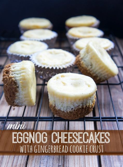 Mini Eggnog Cheesecakes with Gingerbread Cookie Crust @Shawn {I Wash You Dry} Mini Eggnog Cheesecake, Christmas Cheesecake Recipes, Gingerbread Cheesecake, Eggnog Cheesecake, Christmas Cheesecake, Eggnog Recipe, Egg Nog, Cheesecake Bites, Gingerbread Cookie