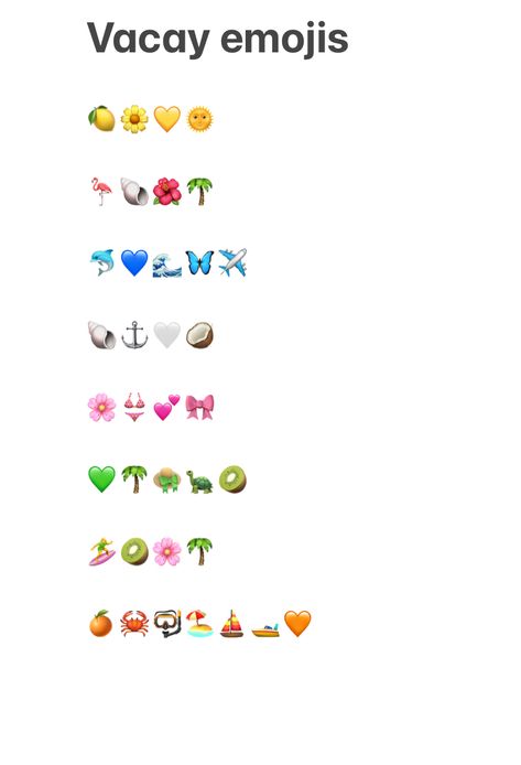 Summer Emoji Combinations Aesthetic, Beachy Emoji Combinations, Tropical Emoji Combinations, Greece Emoji Combo, Yellow Emoji Combinations, Vacation Emoji Combinations, Beach Emoji Combinations, Holiday Emoji Combos, Summer Emoji Combos