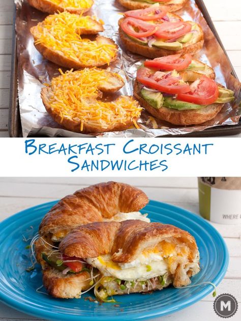 Toasted croissant breakfast sandwiches with cheese, lots of veggies, and over-easy eggs! Croissant Sandwich Recipe ~ Macheesmo Croissant Breakfast Sandwiches, Croissant Sandwiches, Croissant Breakfast Sandwich, Healthy Breakfast Sandwich, Croissant Sandwich, Weekday Breakfast, Croissant Breakfast, Healthy Sandwiches, Breakfast Sandwiches