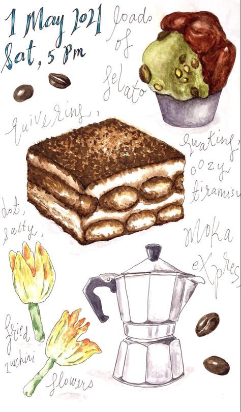 Tiramisu Illustration Art, Tiramisu Cake Drawing, Tiramisu Painting, Tiramisu Tattoo, Tiramisu Drawing, Tiramisu Illustration, Book Receipt, Italian Drawings, Fried Zucchini Flowers