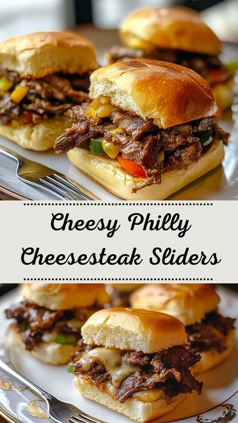 Looking for the perfect party food? These cheesy Philly Cheesesteak Sliders are packed with tender steak, sautéed peppers, and gooey cheese. Nestled on soft slider buns, they’re easy to make and impossible to resist. Whether for a weekend dinner or a crowd-pleasing appetizer, these sliders deliver bold, savory flavors inspired by the classic Philly cheesesteak. Make your gatherings deliciously memorable! Sliders For A Crowd, Steak Appetizers, Steak Sliders, Philly Cheesesteak Sliders, Cheesesteak Sliders, Philly Cheese Steak Sliders, Philly Cheese Steak Casserole, Sauteed Peppers, Tender Steak