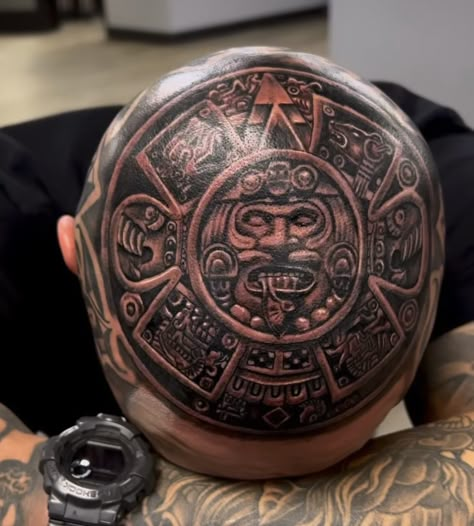 Aztec Head Tattoo, Raza Tattoos, Head Tattoo Men, Band Tattoos For Men, Lion Art Tattoo, Tattoo Dark, Slick Rick, Mayan Tattoos, Aztec Tattoos