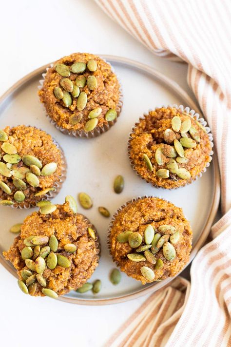 Almond Flour Pumpkin Muffins - iFoodReal.com Pumpkin Carrot Muffins, Healthy Apple Cinnamon Muffins, Almond Flour Pumpkin Muffins, Almond Flour Pumpkin, Healthy Pumpkin Muffins, Muffins Vegan, Perfect Healthy Breakfast, Apple Cinnamon Muffins, Carrot Muffins