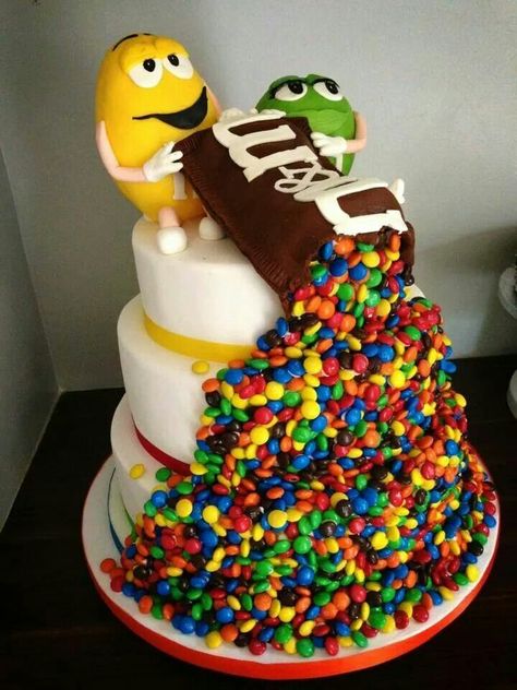 Found your next birthday cake! I'm so doing this! M &M's of course the inside of cake has to be chocolate - http://teacakecafe.net/ Kue Disney, Nerdy Wedding Cakes, M&m Cake, Funny Birthday Cakes, Peanut Butter Frosting, Crazy Cakes, Banana Chocolate Chip, Banana Cake, Fancy Cakes