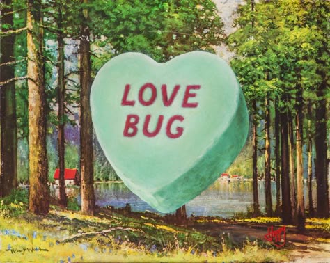 "LOVE BUG" by HOPPY    Print of an original painting by Hoppy*. Print will be shipped with a cardboard backing inserted into a plastic sleeve and shipped with care. If you don't see the size you want, contact our shop and we'll be happy to produce a print at whatever size you desire! Image pictured may vary slightly from finished product to accommodate selected size.  *Hoppy's artwork is created by repurposing and upcycling vintage litho prints by adding a touch of humor, sass and whimsy in acry Green Vibes Aesthetic, Love Artwork, Love Bug, Love Bugs, Pretty Pictures, Love Of My Life, Bugs, Les Oeuvres, Mood Board