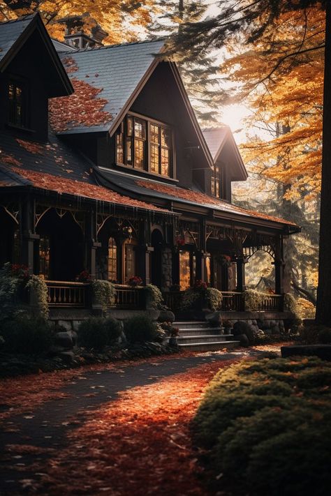 fall aesthetic Black New England House, Black Hearth, Small Bathroom Decorating Ideas, Small Bathroom Decorating, Dream House Aesthetic, Fantasy House, Autumn Scenery, Cabins And Cottages, Minimal Modern