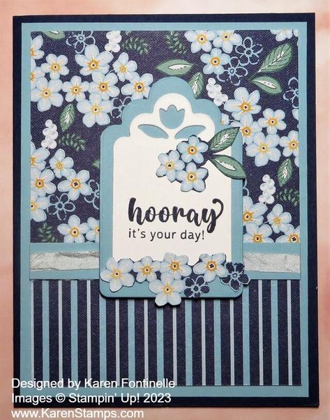 Regency Park Blue Floral Hooray Card | Stamping With Karen Su Sentimental Park, Regency Park Dsp Stampin Up Cards, Something Fancy Dies Stampin Up Cards, Petal Park, Blue Cards, Tag Cards, Creative Thoughts, Card Stamping, Dsp Cards