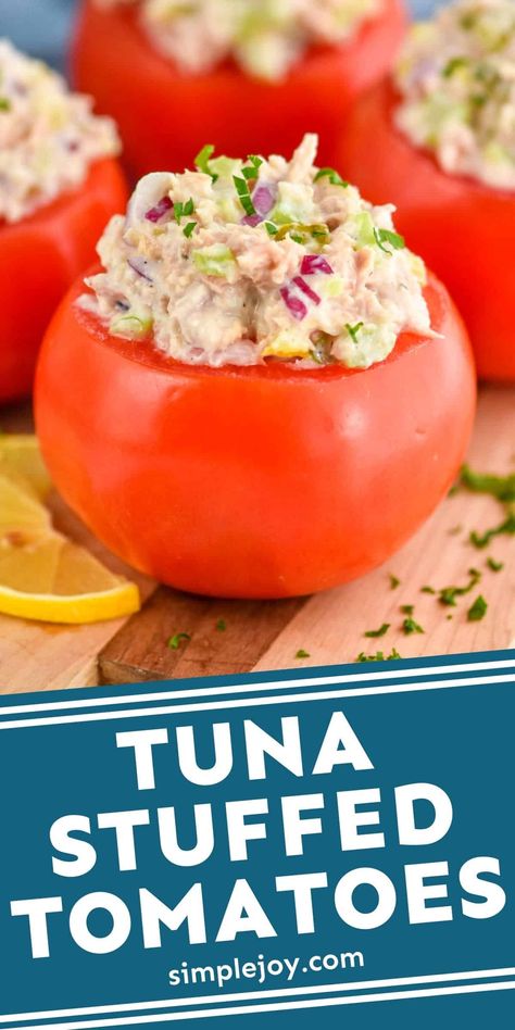 Tuna Stuffed Tomatoes make such a great low carb lunch option. This budget friendly recipe comes together fast and is so filling. Tuna Stuffed Tomatoes, Tomato Dishes, Stuffed Tomatoes, Healthy Food Menu, Lost 100 Pounds, Tuna Recipes, Low Carb Lunch, Cooking On A Budget, Budget Friendly Recipes