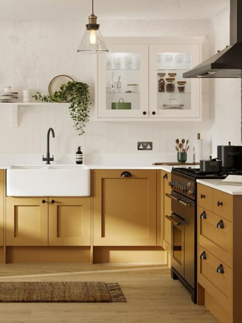 Kitchen décor ideas: earthy tones Leanne Ford Kitchen Design, Yellow Kitchen Dark Cabinets, Mustard Splashback Kitchen, Yellow Lower Kitchen Cabinets, Butterscotch Kitchen Cabinets, Yellow Shaker Kitchen, Dark Yellow Kitchen Cabinets, Unusual Kitchen Cabinet Colors, Mustard Color Kitchen Cabinets