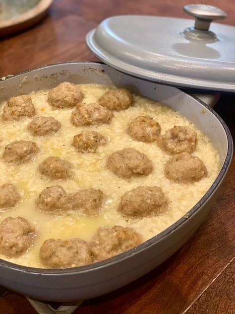 Italian Wedding Risotto with Garlicky Meatballs Italian Wedding Risotto, Wedding Risotto, Meatball Dinner, Breakfast Rolls, Homemade Meatballs, Risotto Recipes, Ground Chicken, Latest Recipe, Ground Pork