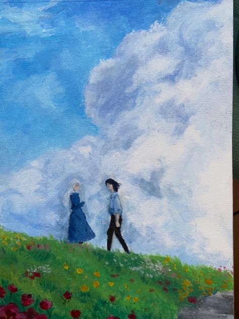 Howl And Sophie Sketch, Howl’s Moving Castle Painting, Howls Moving Castle Painting Ideas, Howls Moving Castle Watercolor Art, Howls Moving Castle Diy Ideas, Howls Moving Castle Garden, Howls Moving Castle Painting Easy, Howls Moving Castle Watercolor, Howl's Moving Castle Drawing