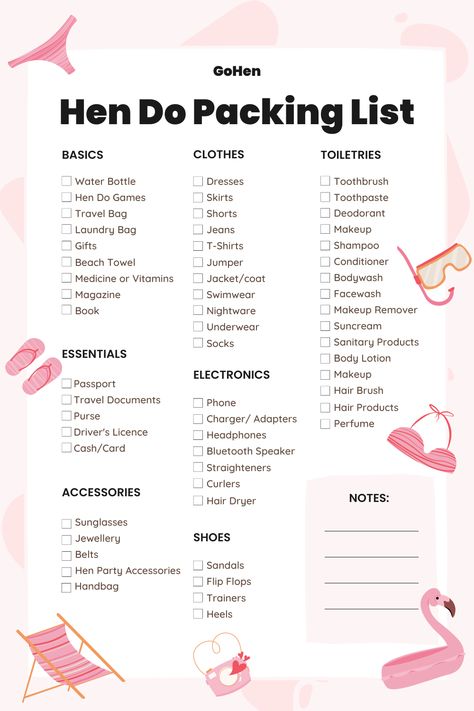 Hen do packing list What To Bring To Bachelorette Weekend, Hen Party Essentials, Bridal List For Shopping, Ibiza Hen Do Itinerary, Hen Weekend Outfits, Hens Weekend Ideas, Hen Do Abroad, Hen Party Bags What To Put In, Hen Do Themes