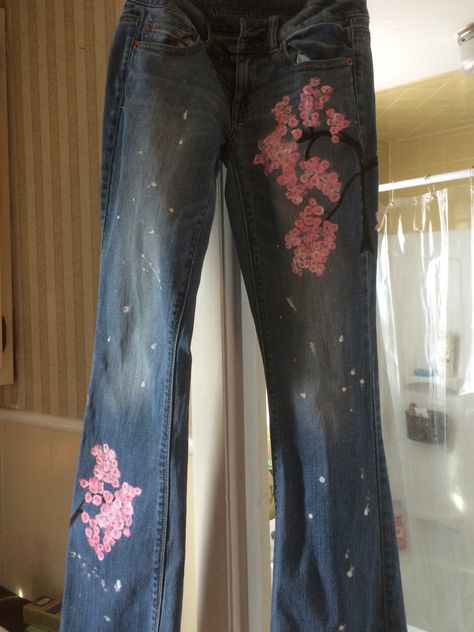 Cherry blossom jeans Cherry Blossom Jeans, Cherry Blossom Aesthetic Outfit, Cherry Blossom Clothes, Cherry Blossom Outfit, Cherry Blossom Shirt, Racing Fashion, Mha Characters, Flower Jeans, Races Fashion