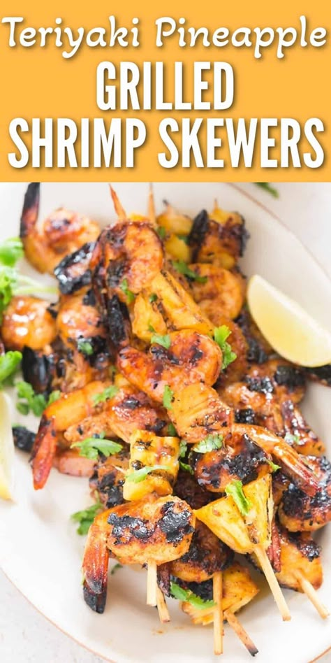 Teriyaki pineapple grilled shrimp skewers have pineapple chucks and fresh shrimp are threaded into a skewer and slathered with teriyaki sauce. These ultra-delicious sweet, lightly spicy, shrimp skewers are the best summertime meal. #shrimpskewers #grilling #pineapple #shrimp #kabobs #grillingrecipes #sidedish #partyappetizers #shrimprecipes #skewerrecipes #skewers #bbqrecipes Shrimp Asian, Teriyaki Pineapple, Grill Shrimp, Italian Beef Crockpot, Shrimp Skewer Recipes, Sweet Chili Shrimp, Asian Shrimp, Pineapple Shrimp, Grilled Kabob Recipes