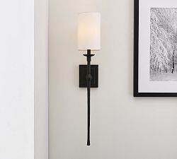 Big Sur Merced Living Room | Pottery Barn Stair Wall Sconces, Fireplace Sconces Lighting, Washing Room, Mobile Chandelier, Black Sconces, House Light, Sconces Living Room, Metal Swings, Lights Wall