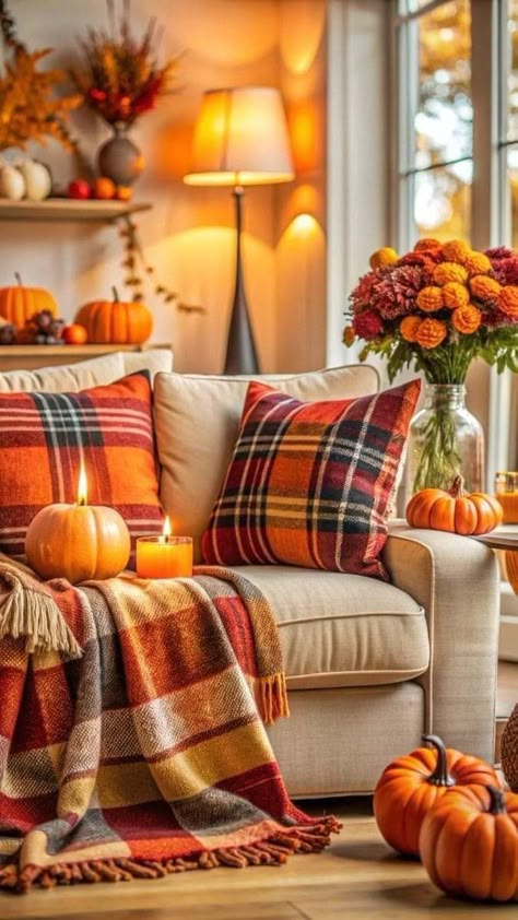 Cozy Autumn Vibes, Cozy Autumn Living Room, Autumn Living Room, Country Cottage Farmhouse, Pumpkin Centerpiece, Cute Fall Wallpaper, Rustic Fall Decor, Autumn Decorating, Boho Interiors