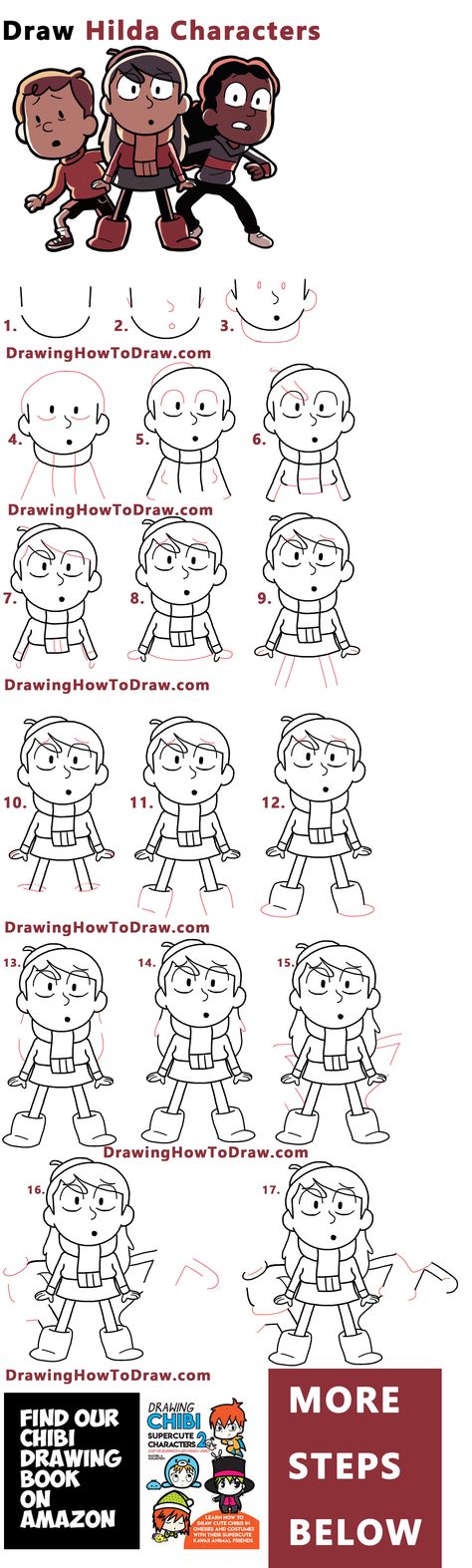 How to Draw Hilda Characters Easy Step by Step Drawing Tutorial with Hilda, David, and Frida Hilda Character Design, Hilda X David, Hilda David, Hilda Characters, Easy Step By Step Drawing, Disney Drawings Sketches, How To Draw Steps, Disney Cross Stitch Patterns, Simple Character