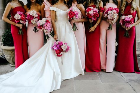 Vibrant pinks steal the show in this gorgeous summer wedding in Sydney, Australia. the bridesmaids are workin their look that beautifully compliments the bridal bouquet. Plus there is a champagne tower so you know we are IN! Pink Red And White Wedding Bridesmaid Dresses, Red And Pink Mismatched Bridesmaids, Red And Blush Bridesmaid Dresses, Red And Pink Wedding Party, Valentines Day Wedding Ideas Bridesmaid Dresses, Red And Pink Bridesmaid Bouquet, Red And Pink Bridal Party, Red Pink Bridesmaid Dresses, Pink Red Bridesmaid Dresses