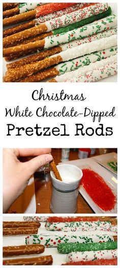 Christmas White Chocolate, Chocolate Dipped Pretzel Rods, Dipped Pretzel Rods, Best Christmas Desserts, Xmas Treats, Christmas Desserts Easy, Sweet Bites, Pretzel Dip, Pretzel Rods