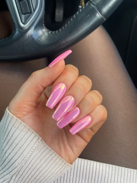 Chrome Pink Tip Nails, Pink Nails Metallic, Chrome Powder Nails Pink, Pink Chrome Birthday Nails, Barbie Pink Nails Chrome, Pink Chrome Nails Designs Square, Hot Pink Chrome Nails Coffin, Pink Metalic Nails Ideas, Barbie Nails Coffin