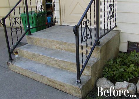 concrete front proch makeover | The $5 Front Porch Makeover Before & After | Apartment Therapy Concrete Front Steps, Front Porch Stairs, Concrete Front Porch, Painted Concrete Steps, Porch Stairs, Front Door Steps, Front Porch Steps, Concrete Patio Makeover, Front Stairs