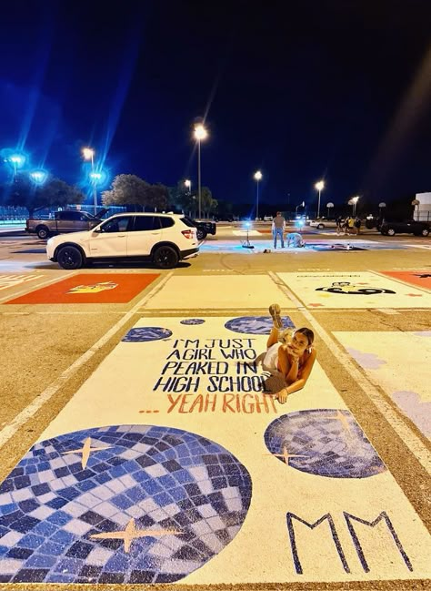 22+ Gorgeous Aesthetic Ideas for Senior Parking Spaces Morgan Wallen Senior Parking Spot, Zach Bryan Parking Spot Painting, Senior Parking Lot Painting Ideas, Preppy Highschool, Easy Parking Spot Painting Ideas, Mirrorball Painting, Parking Spaces Ideas, Cute Parking Spot Painting Ideas, Highschool Parking Spot Ideas