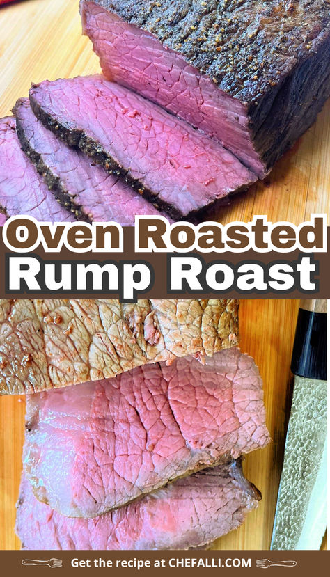 Sliced oven roasted rump roast on a cutting board. Easy Tri Tip Recipes Ovens, Oven Roasted Tri Tip, Tri Tip Steak Recipes, Tritip Recipes, Beef Rump Roast, Rump Roast, Beef Rump, Roasted Beef, Dry Rub Recipes