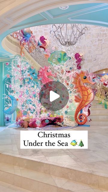 Jennifer Houghton on Instagram: "I think Ariel would be proud 🧜‍♀️ What do you think?? Christmas Under the Sea was SO fun to put up! Totally different than anything I’ve ever done in the entry way, but I’m here for it 😍🧜‍♀️🥳 #christmasdecor #christmasdecorations #undertheseaparty" Christmas Under The Sea Theme, Underwater Christmas Decorations, Under The Sea Christmas Decorations, Christmas Under The Sea, Under The Sea Christmas Tree, Under The Sea Christmas, Christmas Stage Decorations, Turtle Creek Lane, Classroom Christmas Decorations