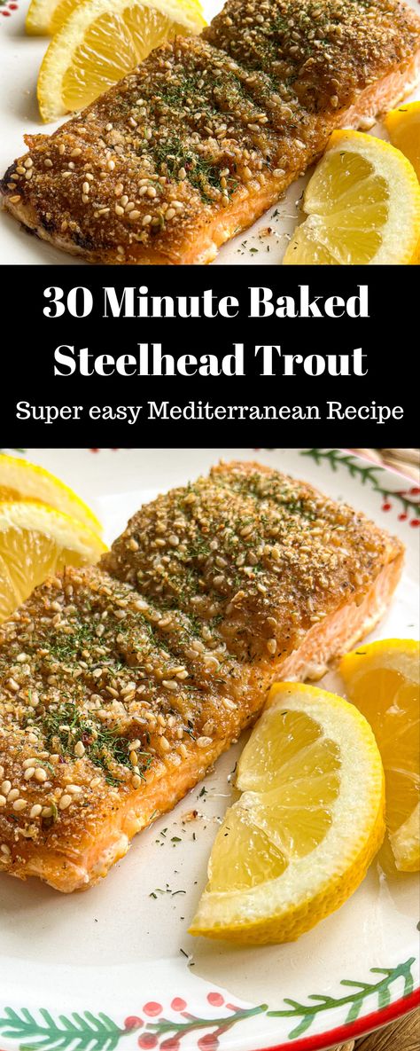 Delicious baked lemon mustard Steelhead Trout recipe with sesame seed herb topping for an easy 30 minute dinner. This healthy steelhead trout is perfectly crispy on the top and soft and moist in the middle. Baked in the oven, this steelhead is perfect for a quick meal on a weekday. Kid approved too. Trout Recipes Oven, Steel Head Trout Recipes, Steelhead Recipes, Steelhead Trout Recipe Baked, Steelhead Trout Recipe, Heart Healthy Diet Recipes, Trout Recipe, Easy Mediterranean Recipes, European Dishes