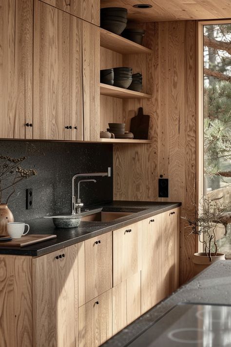 Japandi Kitchen Black Countertop, Japandi Interior Design Kitchen, Cabinets Kitchen Organization, Japandi Black, Teak Wood Kitchen, Japandi Kitchen Ideas, Japanese Kitchen Design, Modern Oak Kitchen, Japandi Style Kitchen