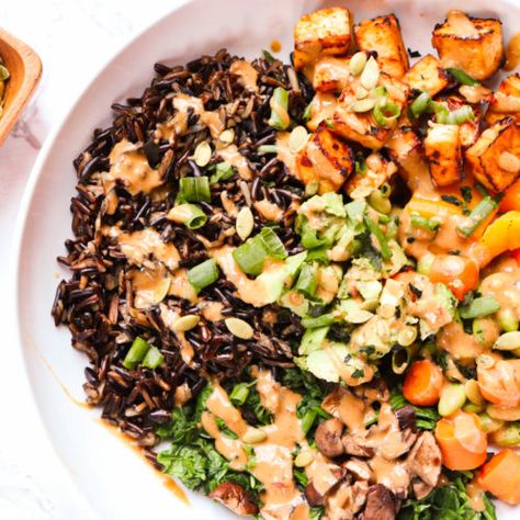 Protein Packed Mushroom & Wild Rice Tofu Bowl - The Balanced Blend Wild Rice Meal Prep, Mushroom Grain Bowl, Wild Rice Bowl, Feeding Your Soul, Mushroom Wild Rice, Rice Tofu, Rice Bowls Healthy, Miso Ginger Dressing, Tofu Sauce