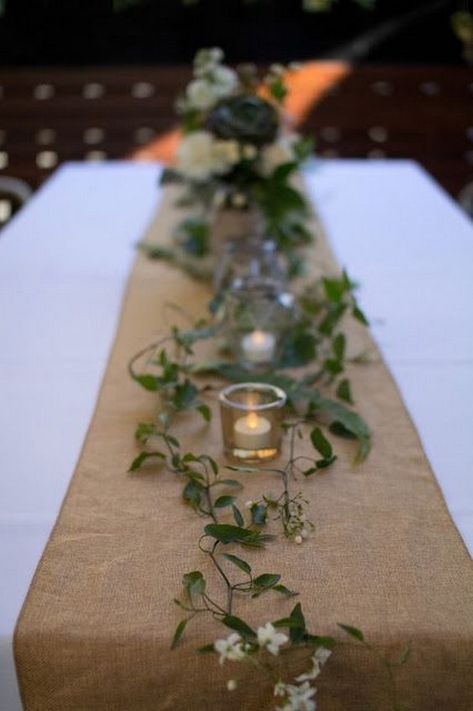 burlap table runner and lanterns centerpeice   #wedding #weddingideas #countryweddings Burlap Wedding Table, Burlap Wedding Decorations, Rustic Burlap Wedding, Burlap Runners, Burlap Decor, Rustic Wedding Decorations, Tafel Decor, Burlap Table Runners, Table Runners Wedding