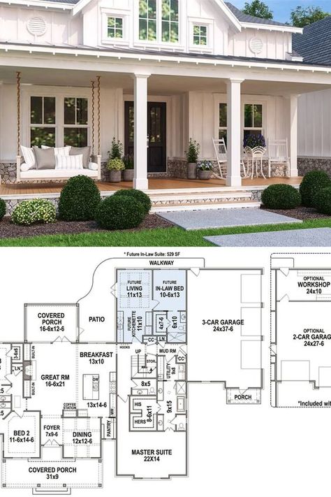 A World of Possibilities with Multi-generational House Plans House Plans With Front Porch, Farmhouse Layout, Floor Plans Ranch, Farmhouse Floor Plans, Porch House Plans, Basement Floor, Basement Floor Plans, Loft Interior, House Plans One Story