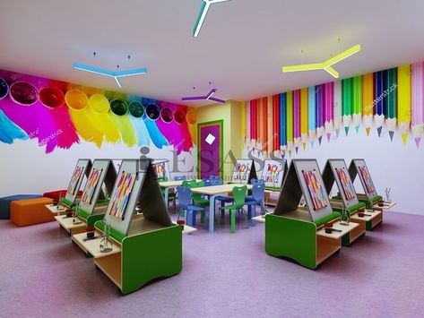 Activity Room For Kids, Modern School Interior, Kids Playhouse Ideas, Daycare Design Ideas, Child Care Center Design, Daycare Room Design, Outdoor Playhouse Plans, Modern Home Aesthetic, Indoor Playground Design