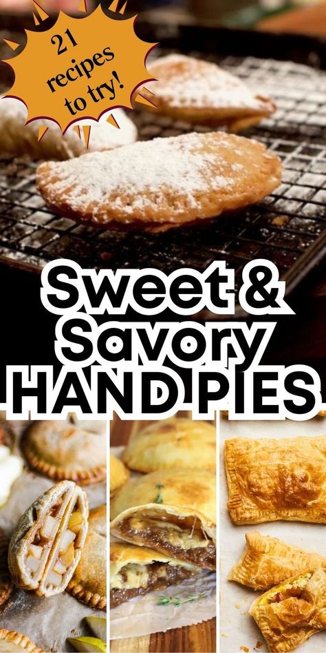 text: "21 recipes to try! sweet and savory hand pies" and four photos of different hand pies Hand Pie Filling, Pie Filling Ideas, Cheesecake Hand Pies, Savory Hand Pie, Small Apple Pies, Best Panini Recipes, Savory Hand Pies Recipes, Savory Hand Pies, Savoury Pastry