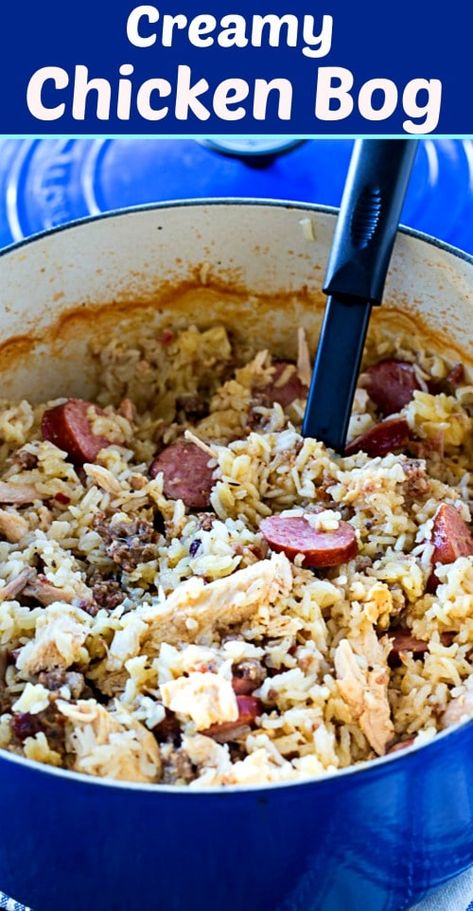 Creamy Chicken Bog with 2 kinds of sausage #southernfood #chicken #comfortfood #onepot Chicken Perlo, Chicken Sausage And Rice, Chicken Pilau, Chicken Bog, Chicken Pilaf, Sausage And Rice, Recipe Dinner, Rice Dish, Chicken And Rice