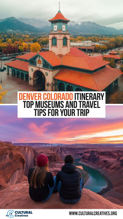 A historic clock tower building in Denver with snow-capped mountains in the background, paired with two people overlooking a canyon at sunset, showcasing highlights of a Denver Colorado Itinerary. Colorado Itinerary, Day Trips From Denver, Denver Trip, Road Trip To Colorado, Colorado Art, Mile High City, Denver City, Colorado Adventures, Weekend Itinerary