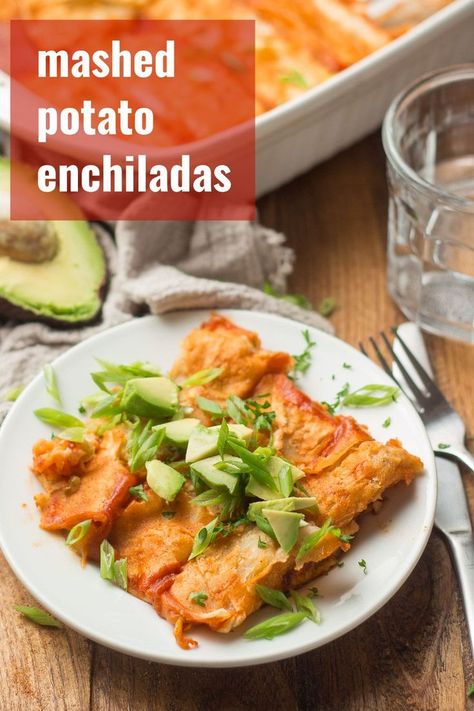 Potato Enchiladas, Gluten Free Enchiladas, Vegetarian Meatballs, Vegan Dinner Recipes Easy, Vegan Mexican Recipes, Vegan Entree, Leftover Mashed Potatoes, Easy Vegan Dinner, Vegan Potato