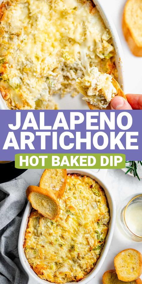 This warm and cheesy baked Jalapeño Artichoke Dip is the perfect crowd-pleasing appetizer to share with your family and friends during the holiday season. This hot dip is also great for a family gathering or snacking on game day. Artichoke Jalapeno Dip, Baked Artichoke Dip, Hot Artichoke Dip, Dip Recipes Hot, Baked Dips, Healthy Dip, Baked Artichoke, Hot Crab Dip, Festive Appetizers