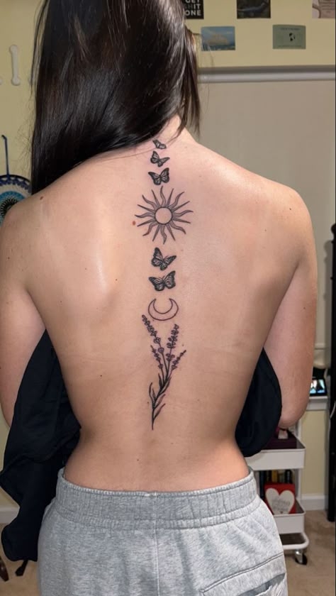 Spine Tattoo Ideas For Women, Goth Symbols, Back Tattoo Women Spine, Tattoo Ideas Inspiration, Flower Spine Tattoos, Spine Tattoo Ideas, Butterfly Back Tattoo, Sharpie Tattoos, Small Pretty Tattoos