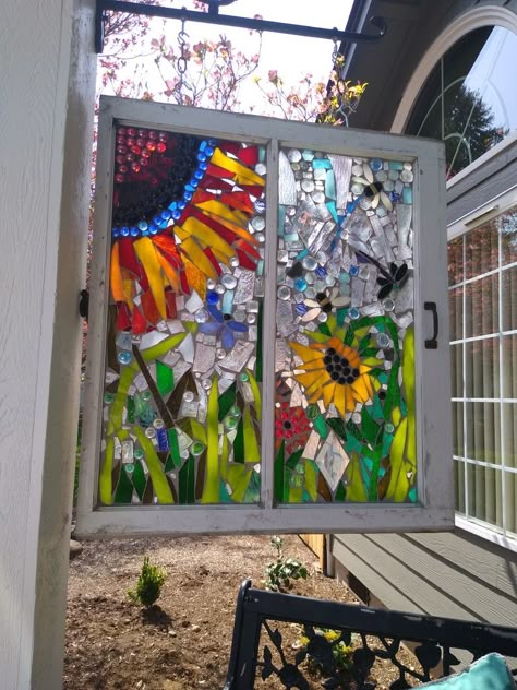 Mosaic Old Windows, Old Windows Stained Glass Garden Art, Mosaic On Old Windows, Mosaic On Glass Window, Mosiac Art On Old Windows, Mosaic Bathroom Mirror, Window Mosaic Ideas, Old Stained Glass Windows Repurposed, Mosaic Windows Diy