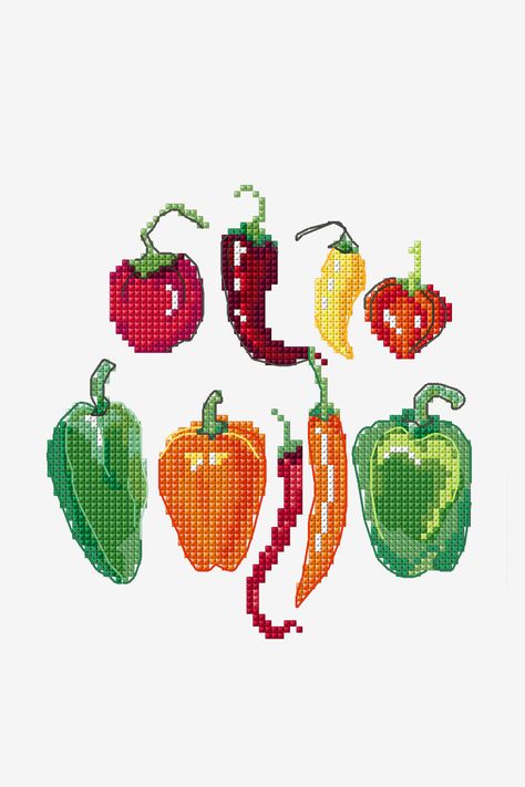 Add some flavor to your next needlework project with this bright cross stitch pattern. Including fiery chillies and juicy bell peppers, this detailed design... Bright Cross Stitch, Cross Stitch Fonts, Shark Pattern, Cross Stitch Kitchen, Poppy Pattern, Needle Arts, Cross Stitch Patterns Free, Free Cross Stitch, Pattern Free