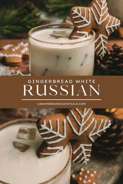 Christmas Cookie White Russian, Holiday White Russian Recipe, Russian Holiday Food, New Year Drink Ideas, Holiday Drinks For Party, Hot Christmas Drinks Alcohol, Gingerbread Rum Cocktail, White Russian Christmas Drink, Christmas Food And Drink Ideas