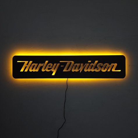 Jazz it up! Introducing Harley Davidson Metal Wall Sign, exclusively priced at an unbeatable value of $109.00 Don't miss out! Classic Harley Davidson, Garage Signs, Cave Decor, Metal Wall Sign, Wood Fiber, Garage Walls, Bright Led Lights, Letter Wall, Man Cave Decor