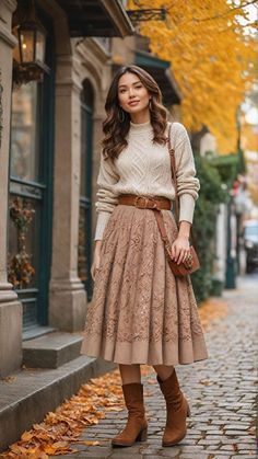 Fall And Winter Dresses And Skirts, Autumn Women’s Clothes, Midi Dress With Sweater Over It, Flowy Winter Outfit, Fall Dresses And Skirts, Winter Outfits Cottagecore, Flowy Skirt Outfit Winter, Feminine Autumn Outfits, Modest Cottagecore Outfits