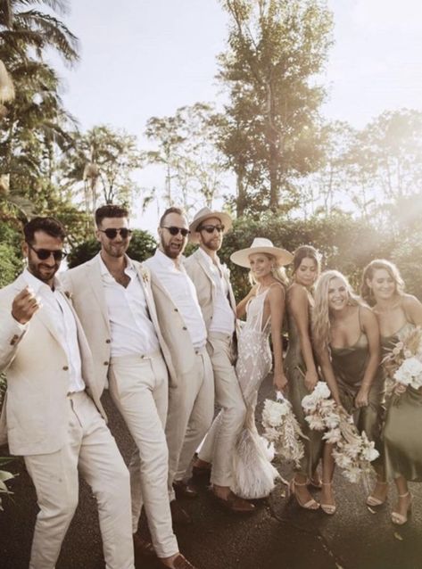 Vintage Bridal Party Attire, Outdoor Wedding Party Outfit, Unique Wedding Party Attire, Olive Bridal Party, Unique Groomsmen Attire, Neutral Wedding Party, Green Bridal Party, Mens Linen Suit, Rhodes Wedding