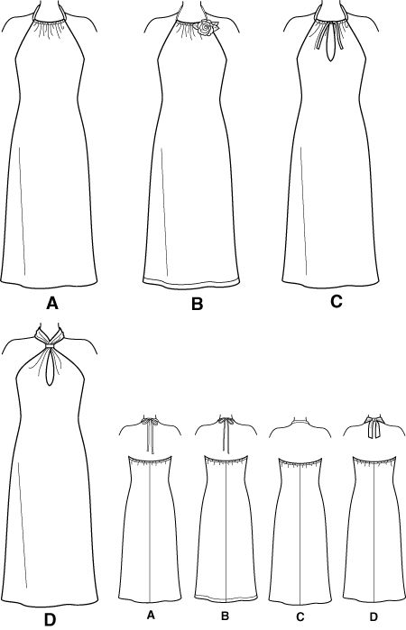 Line Drawing New Look Halter Dress 6184 Halterneck Dress Pattern, Long Dress Pattern Sewing, Halter Neck Dress Pattern, Free Wedding Dress Patterns, Dresses Sewing Patterns, Girls Halter Dress, Dress Templates, Halter Dress Pattern, Halter Tie Dress