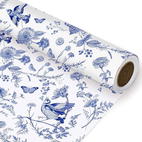 Amazon.com: JarThenaAMCS Blue White Floral Wrapping Paper Roll Chinoiserie Flower Bird Gift Wrap Paper Decorative DIY Art Craft Paper for Wedding Birthday Baby Shower Party Supplies, 17 Inch x 32.8 Ft : Health & Household Chinoiserie Themed Wedding, Blue And White Floral Baby Shower Decor, Blue And White Southern Wedding, Paper Wrap Design, Blue Gift Wrapping Ideas, Chinoiserie Party, Blue Willow Decor, Chinoiserie Patterns, Chinoiserie Wedding