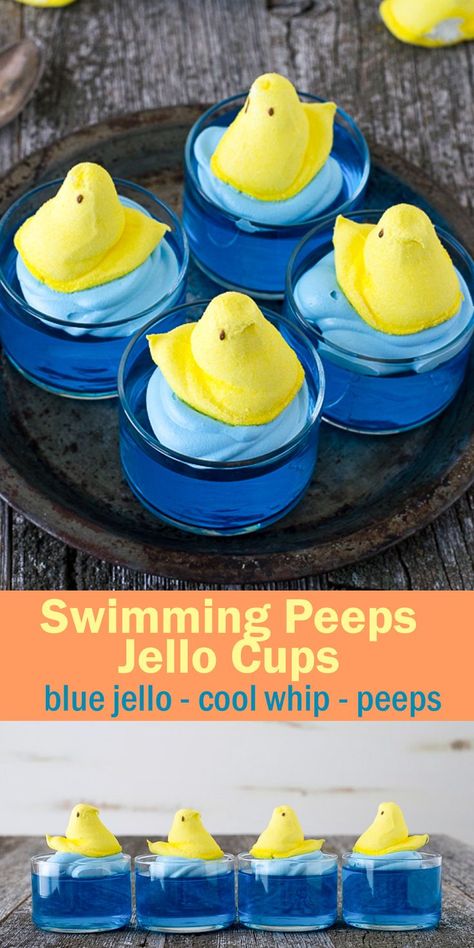 What to make with Peeps? Swimming Peeps Jello Cups! A cute and easy Easter recipe that uses jello, cool whip and peeps! #peeps #easter #peepsdessert Peeps Dessert, Easter Appetizers Easy, Easter Deserts, Quiche Vegan, Easy Easter Recipes, Jello Cups, Easter Party Food, Easter Recipe, Easter Appetizers